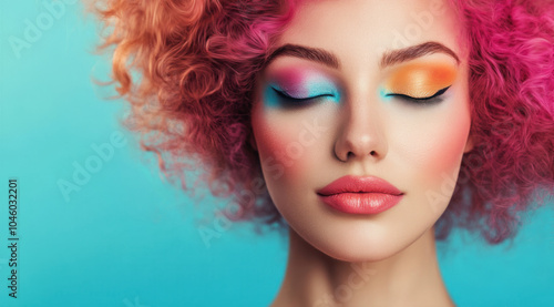 Closeup illustration of a beautiful woman with closed eyes and colorful makeup. She is wearing a multicolored wig and standing in front of a light blue background. 