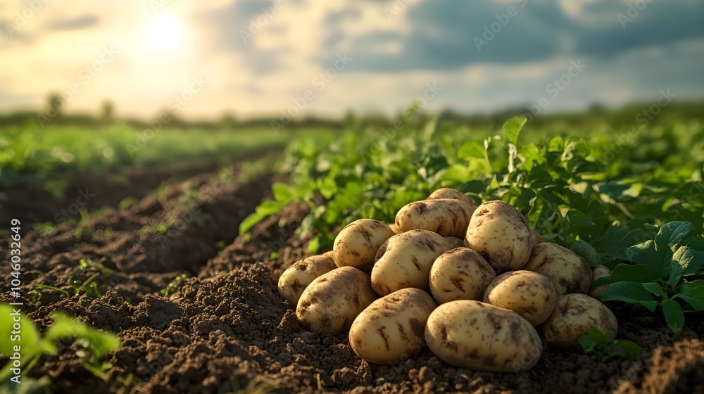 Ripe potatoes resting in a pile on the fertile soil of a sunlit field, the lush green plants and wide-open skies creating a peaceful rural farming scene Ripe potatoes resting in a pile on the fertile soil of a sunlit field, the lush green plants and wide-open skies creating a peaceful rural farming scene