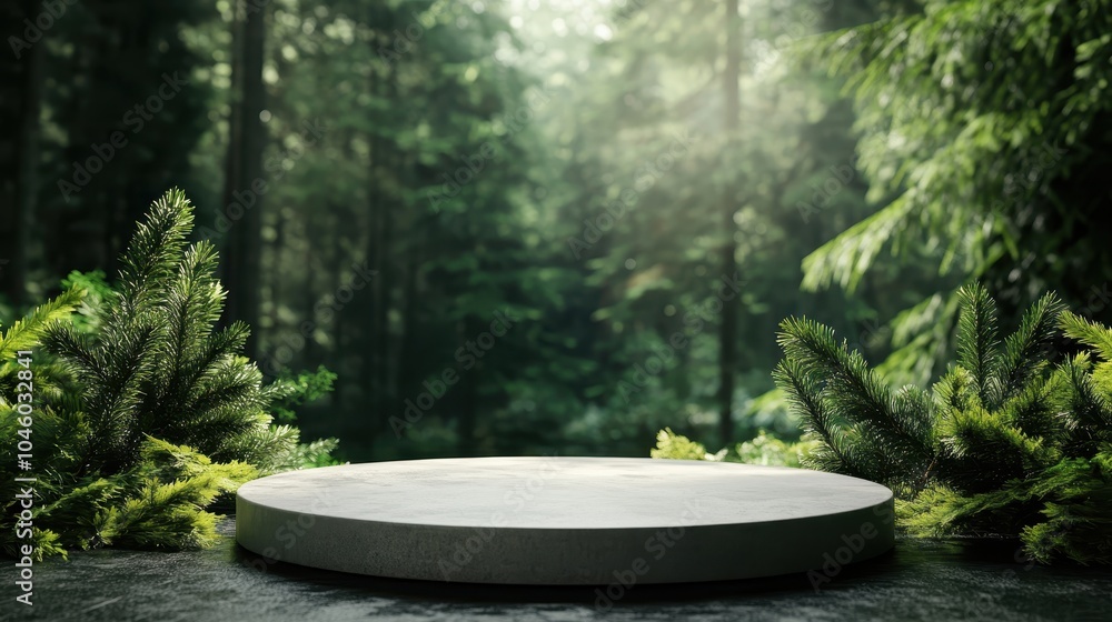 Circular concrete pedestal in a dense green woodland, surrounded by various ferns and coniferous foliage, highlighted by the soft glow of sunlight through trees. Circular concrete pedestal in a dense green woodland, surrounded by various ferns and coniferous foliage, highlighted by the soft glow of sunlight through trees.