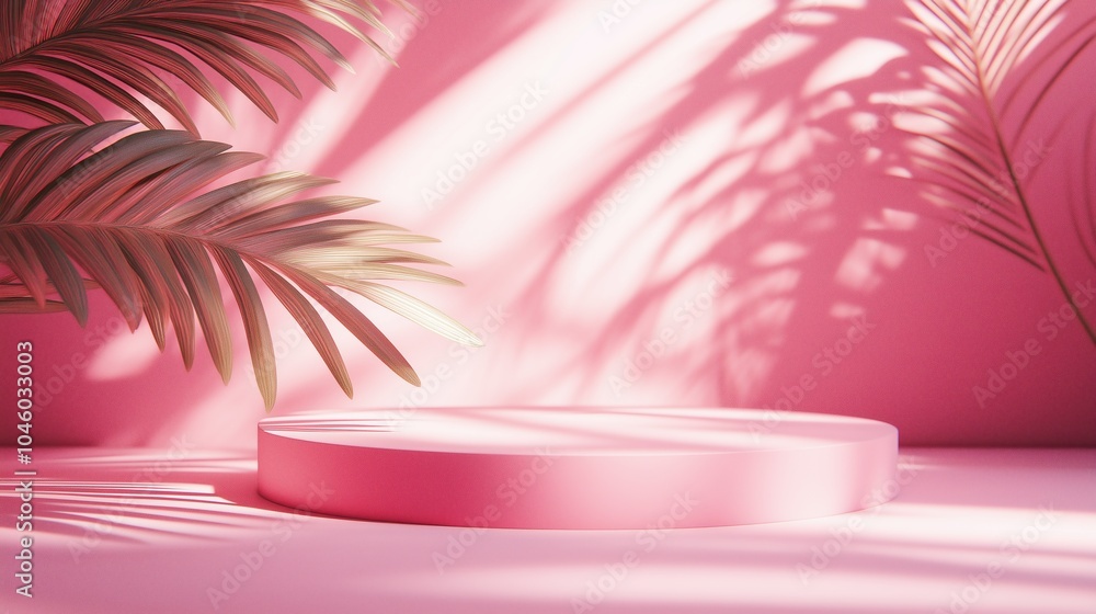 Pink podium with palm leaves casting shadows on pink background. Pink podium with palm leaves casting shadows on pink background.