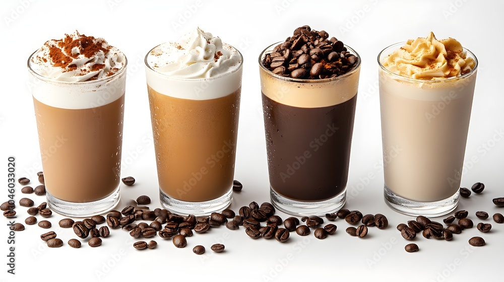 Coffee lovers' set of beverages on a white background, featuring rich cappuccinos, creamy lattes, and iced coffee, designed with space for text Coffee lovers' set of beverages on a white background, featuring rich cappuccinos, creamy lattes, and iced coffee, designed with space for text