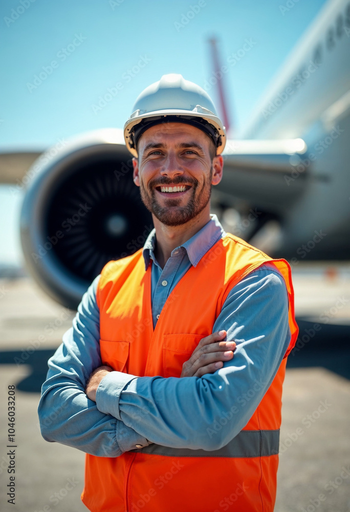 A male airport worker smiles confidently on the tarmac, showcasing safety and teamwork.
A male airport worker smiles confidently on the tarmac, showcasing safety and teamwork.