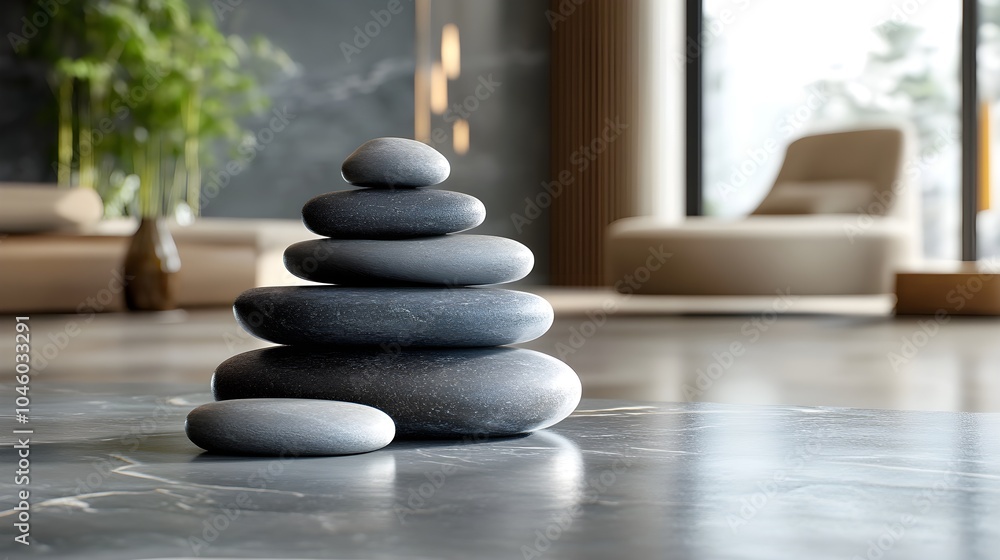 Zen-inspired composition with stacked spa stones on a smooth grey marble table, reflecting simplicity and calmness in a serene, peaceful setting Zen-inspired composition with stacked spa stones on a smooth grey marble table, reflecting simplicity and calmness in a serene, peaceful setting