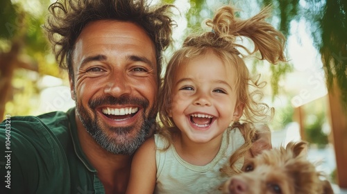 A joyous father and daughter are smiling widely, enjoying time outdoors together, surrounded by nature, embodying happiness, familial bond, and fresh air tranquility. photo