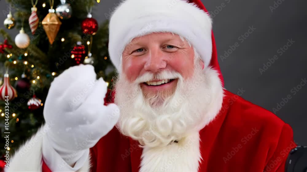 Close-up joyful Santa Claus throwing magical snow from hands smiling against festive studio Christmas background Close-up joyful Santa Claus throwing magical snow from hands smiling against festive studio Christmas background