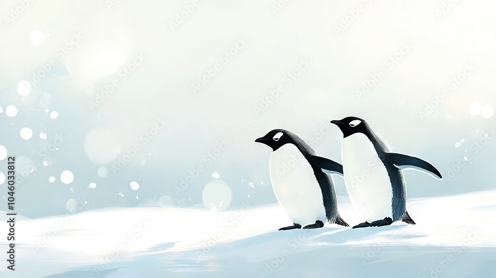 Obraz premium Two penguins standing together on a snow-covered ground with snowflakes surrounding them