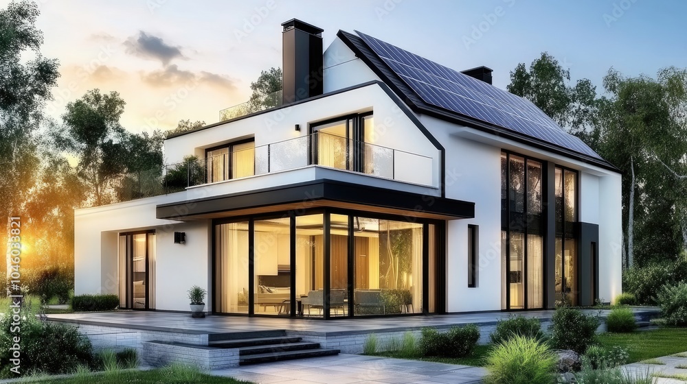 Modern house with solar panels. Illustrates sustainable living and green energy solutions. Modern house with solar panels. Illustrates sustainable living and green energy solutions.