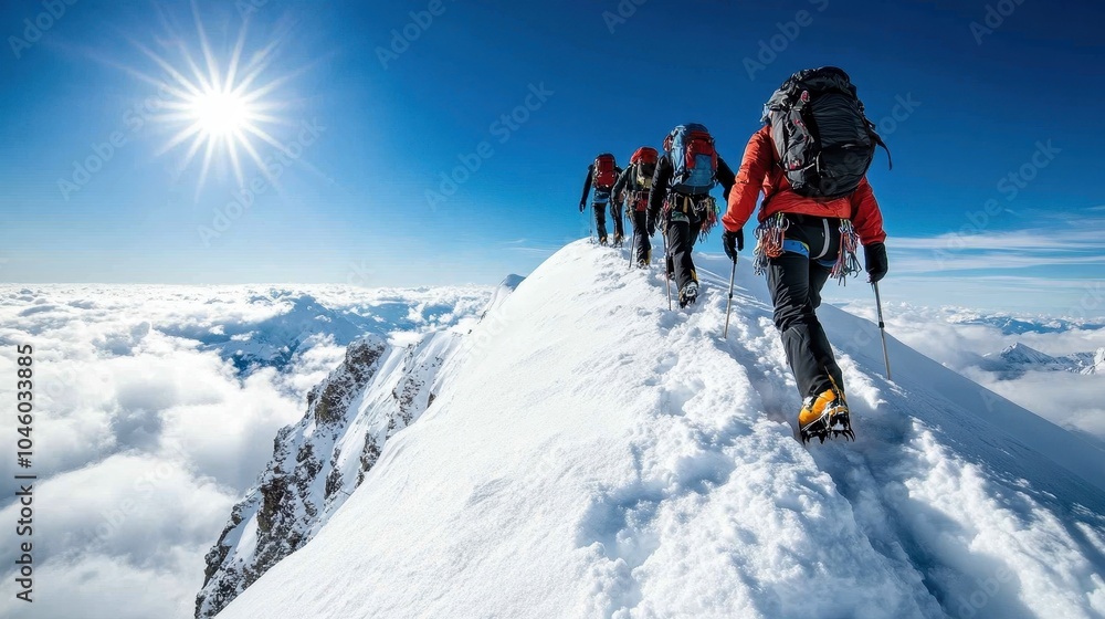 A group of mountaineers wearing gear climb a snow-covered peak under bright sunlight, creating an exhilarating image of adventure and exploration at high altitudes. A group of mountaineers wearing gear climb a snow-covered peak under bright sunlight, creating an exhilarating image of adventure and exploration at high altitudes.