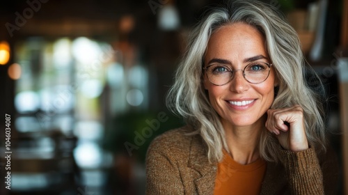 Wallpaper Mural A cheerful woman wearing glasses sits in a cozy cafe, emanating comfort and warmth, as soft natural light highlights her relaxed demeanor. Torontodigital.ca