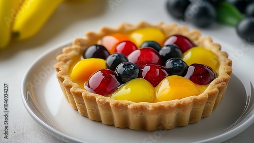 A fruit tart with a flaky crust filled with blueberries, cherries, and mango.