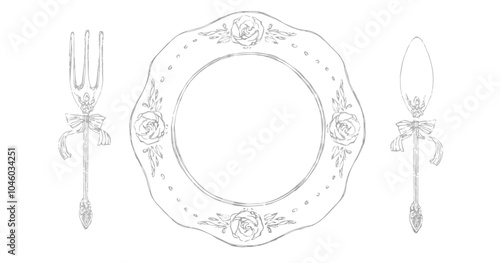 おしゃれな食器のイラスト ( ベクター 手描き風 アンティーク 皿 ナイフ フォーク テーブルウェア ウェディング ビンテージ フレーム 背景 華やかな )