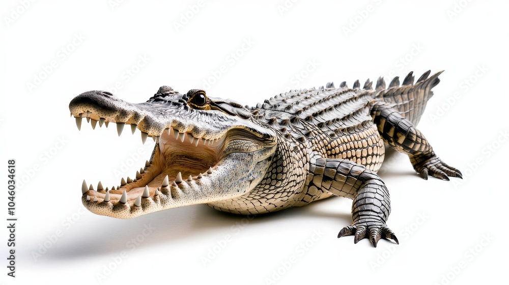 Crocodile captured mid-roar, showing its massive open mouth and intimidating stance, sharp focus on texture, isolated on white Crocodile captured mid-roar, showing its massive open mouth and intimidating stance, sharp focus on texture, isolated on white