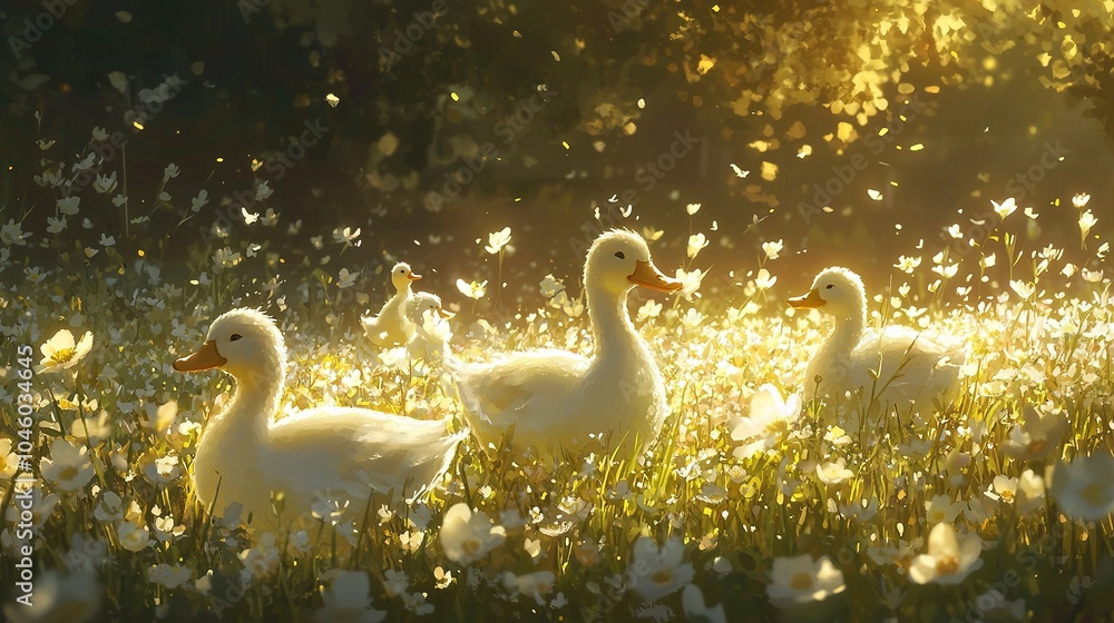 Fototapeta premium A group of ducks walks through a field of daisies Daisies are in the foreground as the sun shines through the trees in the background (38 tokens