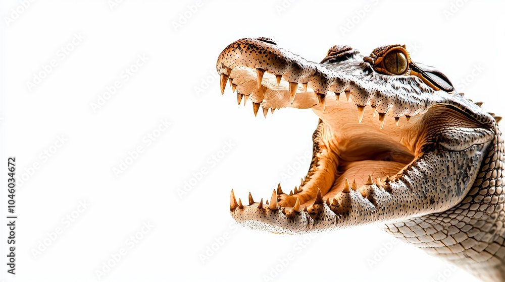 Crocodile frozen in a threatening pose, mouth wide open, emphasizing the power of its jaw and detailed skin patterns, isolated on a white backdrop Crocodile frozen in a threatening pose, mouth wide open, emphasizing the power of its jaw and detailed skin patterns, isolated on a white backdrop