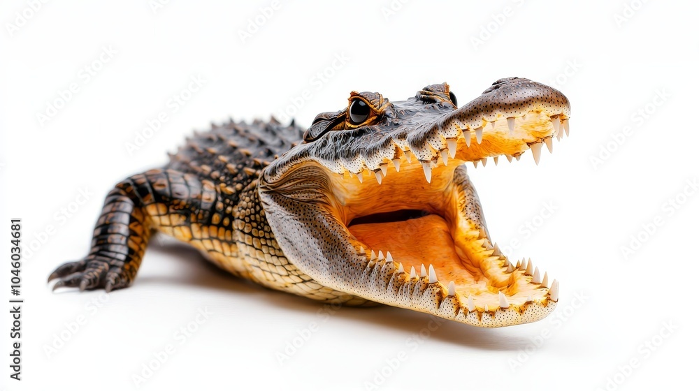 Fototapeta premium Crocodile frozen in a threatening pose, mouth wide open, emphasizing the power of its jaw and detailed skin patterns, isolated on a white backdrop