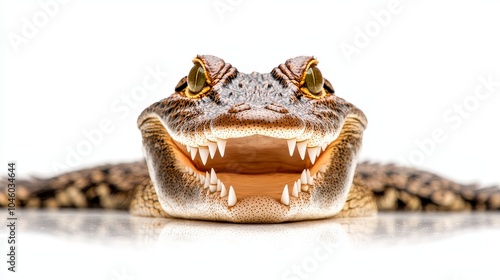 Crocodile close-up with mouth wide open, emphasizing its razor-sharp teeth and rugged skin texture, isolated on white. wild reptile, isolated animal