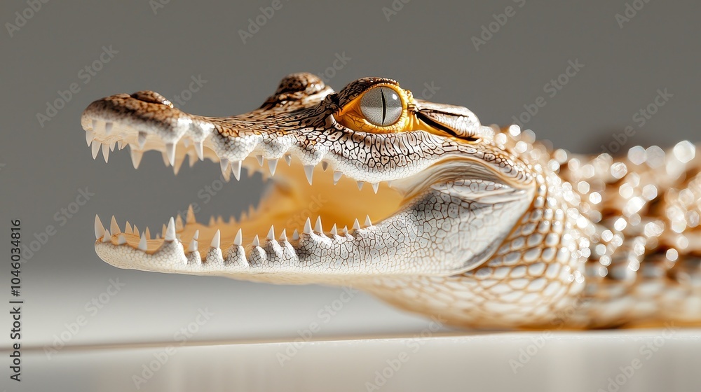 Obraz premium Crocodile mid-snap, mouth wide, capturing the raw power and energy, every detail of the scaly texture shown, white background for focus