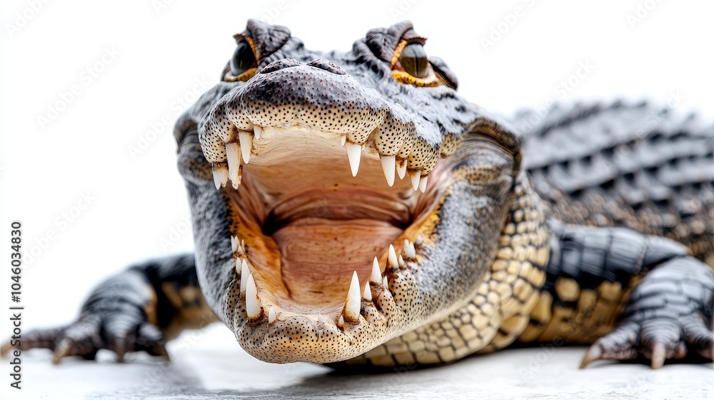 Obraz premium Crocodile mouth open in a threatening posture, isolated on white, showcasing fierce teeth and powerful jaw. wildlife close-up, isolated animal detail