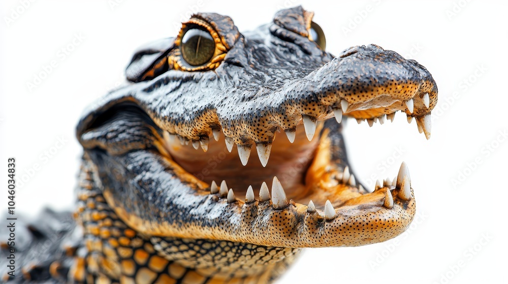 Crocodile mouth open in a threatening posture, isolated on white, showcasing fierce teeth and powerful jaw. wildlife close-up, isolated animal detail Crocodile mouth open in a threatening posture, isolated on white, showcasing fierce teeth and powerful jaw. wildlife close-up, isolated animal detail