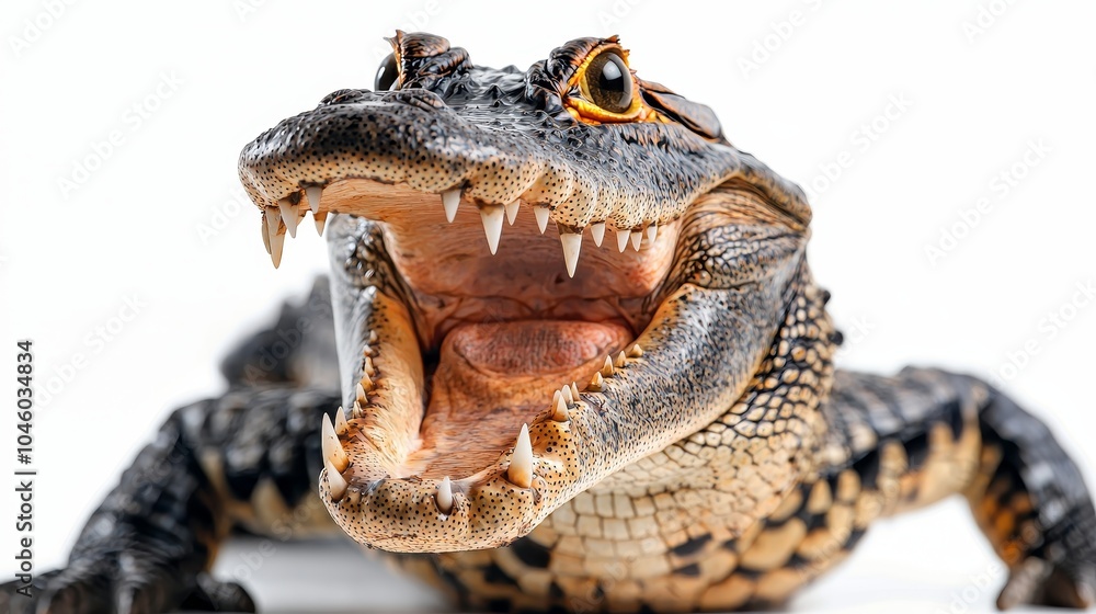 Obraz premium Crocodile with mouth wide open, sharp teeth glistening, isolated on pure white, showing aggression and power. wildlife predator, sharp focus