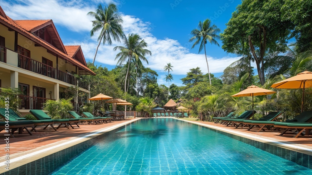 Tropical resort pool with lounge chairs and palm trees. Tropical resort pool with lounge chairs and palm trees.