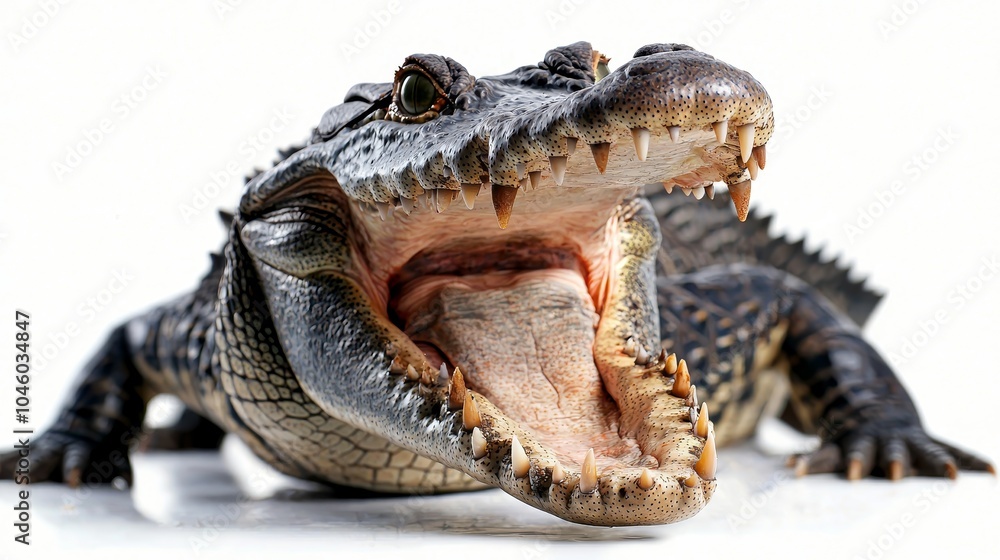 Fototapeta premium Crocodile mouth open in a threatening posture, isolated on white, showcasing fierce teeth and powerful jaw. wildlife close-up, isolated animal detail
