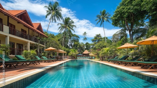 Tropical resort pool with lounge chairs and palm trees.