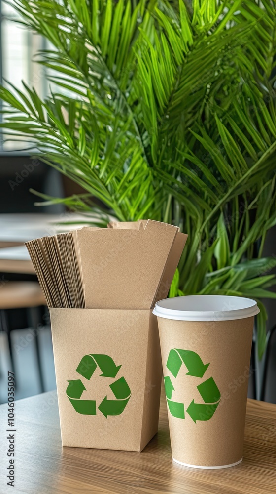 Fototapeta premium A sustainable paper tableware set features beige plates and cups with a recycling symbol, complemented by reusable origami stationery