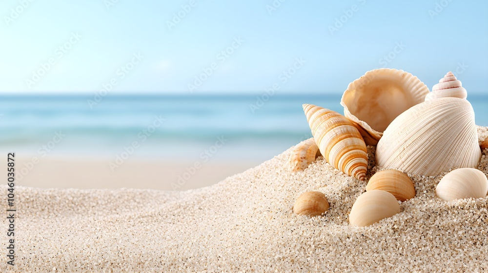 Summer beach scene with close-up of sand, shells, and gentle dunes, soft pastel tones, open composition, space for overlay text, calming atmosphere Summer beach scene with close-up of sand, shells, and gentle dunes, soft pastel tones, open composition, space for overlay text, calming atmosphere