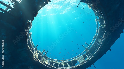 Looking up through a hole in a sunken shipwreck with sunbeams and fish.