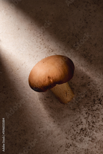 Close-up of a solitary mushroom basking in natural light photo