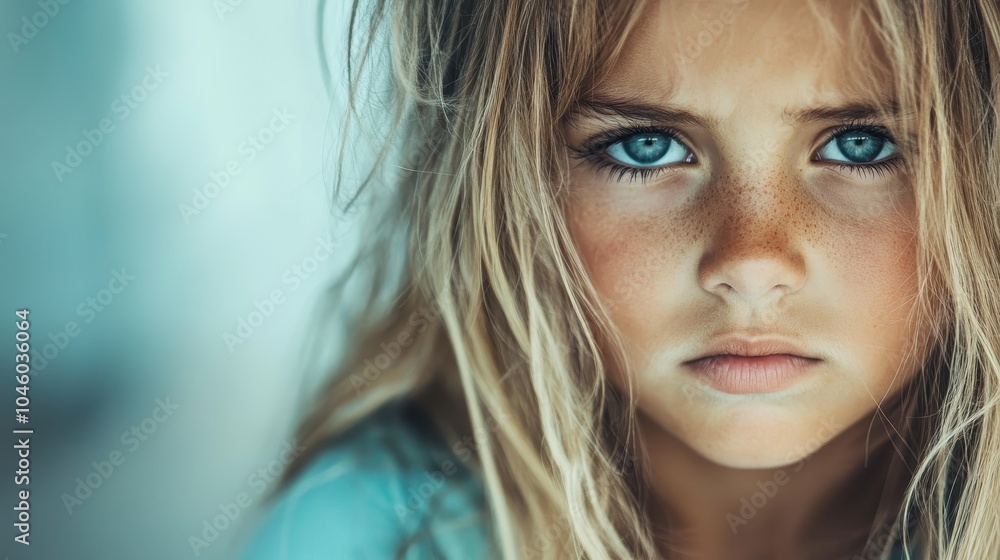 A young girl with striking blue eyes and an intense expression is captured in this close-up portrait, showcasing her unique features and captivating gaze. A young girl with striking blue eyes and an intense expression is captured in this close-up portrait, showcasing her unique features and captivating gaze.