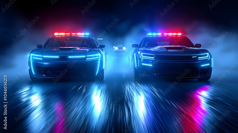Naklejka premium Police cars chasing a vehicle through thick fog, intense headlights piercing the mist, cinematic angle, moody atmosphere, Cyberpunk style, blue neon accents, dynamic motion blur