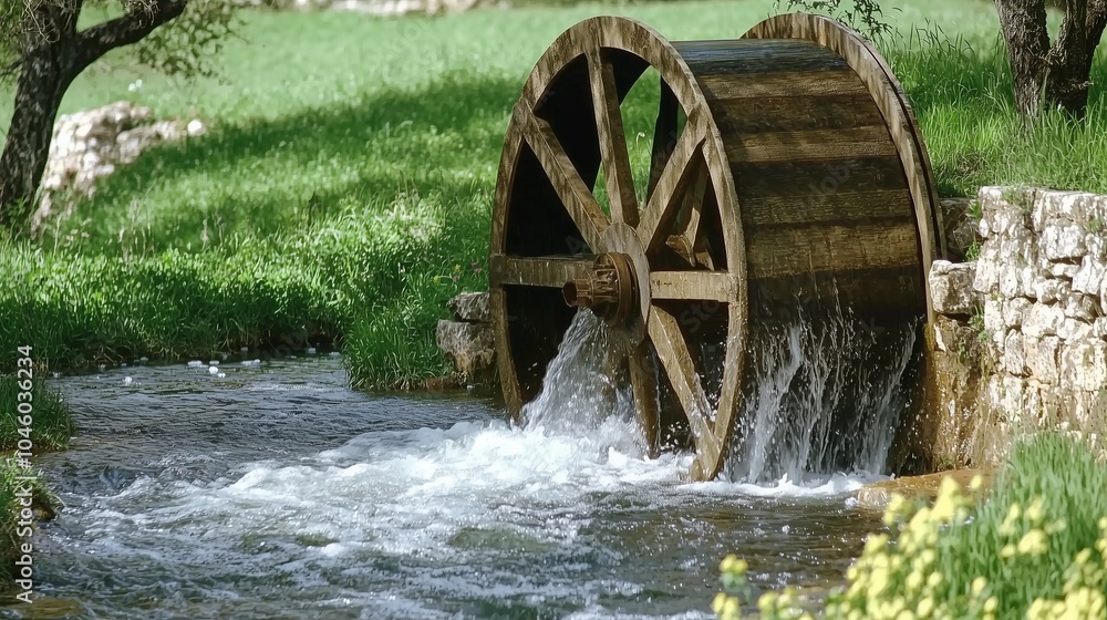 Wooden water wheel turning in a flowing stream. Wooden water wheel turning in a flowing stream.