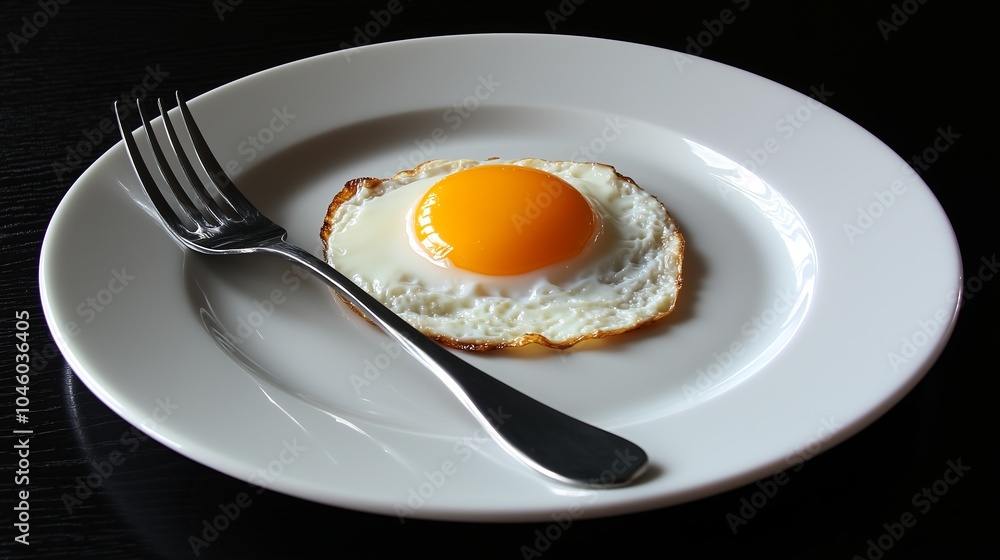 A single fried egg with a runny yolk on a white plate with a fork. A single fried egg with a runny yolk on a white plate with a fork.