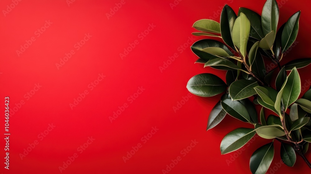 A visually pleasing arrangement of green leaves set against a striking red background, creating a bold and vibrant contrast, ideal for modern design purposes. A visually pleasing arrangement of green leaves set against a striking red background, creating a bold and vibrant contrast, ideal for modern design purposes.