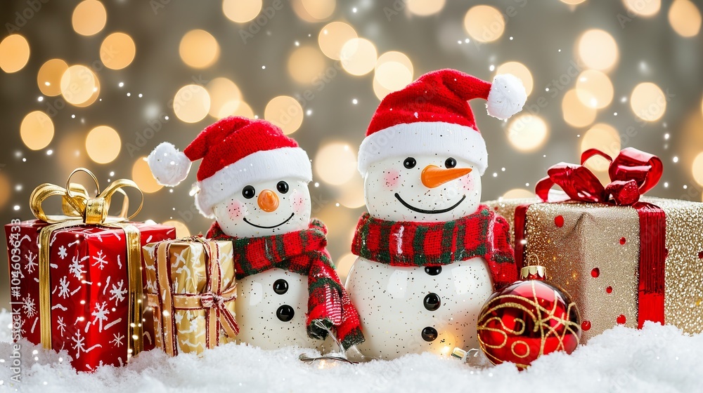 Snowmen with gifts and ornaments under twinkling lights. Snowmen with gifts and ornaments under twinkling lights.