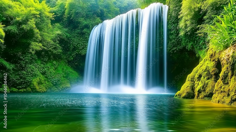 Obraz premium A cascading waterfall in a lush, green forest.