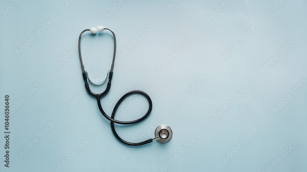 Fototapeta premium Medical stethoscope and forceps on light blue grid background