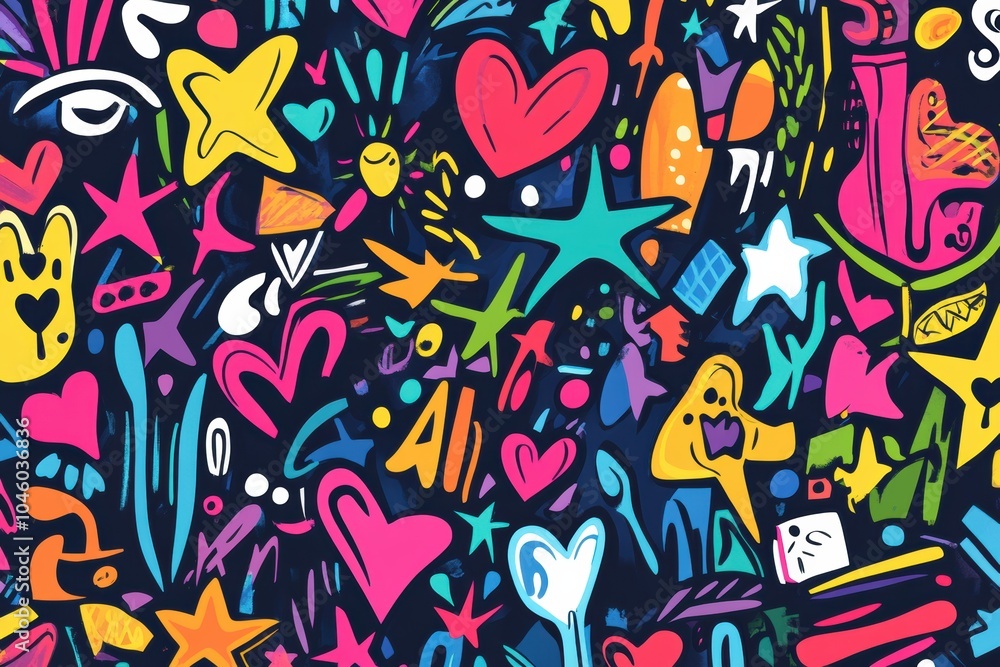 Fototapeta premium This doodle features an explosion of colors with stars, hearts, and arrows, capturing a playful and whimsical vibe in its design. Generative AI