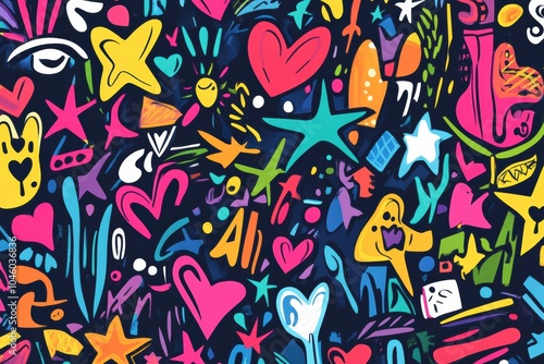 This doodle features an explosion of colors with stars, hearts, and arrows, capturing a playful and whimsical vibe in its design. Generative AI