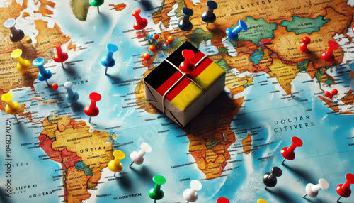 A package wrapped in the Germany flag rests on a detailed world map, with pushpins marking locations across the globe, suggesting international shipping and logistics routes.