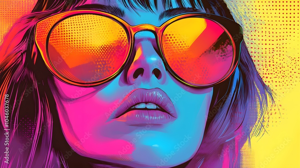 Pop art style portrait of a woman in sunglasses, electrifying vibrant hues, pixelated halftone dots, bold strokes, and a retro futuristic theme Pop art style portrait of a woman in sunglasses, electrifying vibrant hues, pixelated halftone dots, bold strokes, and a retro futuristic theme