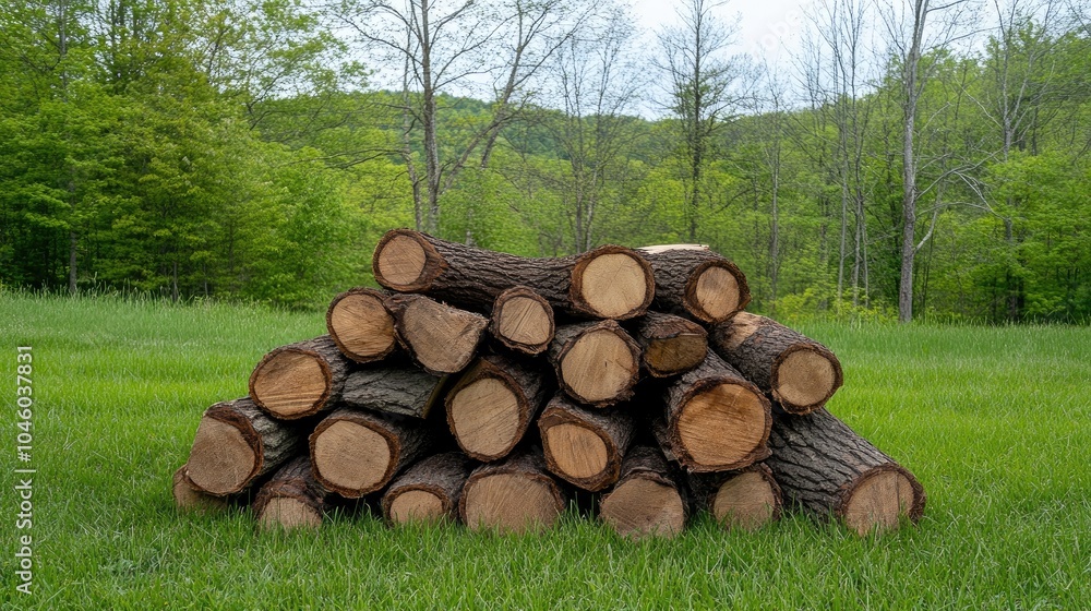 Cut firewood is stacked on lush green grass, with a backdrop of blurred trees illuminated by warm autumn sunlight Cut firewood is stacked on lush green grass, with a backdrop of blurred trees illuminated by warm autumn sunlight