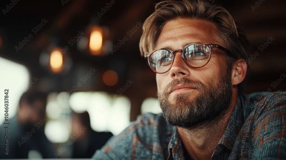 A man wearing glasses, pensively gazing in a softly lit environment, capturing a mood of reflection, comfort, and introspection within a modern setting. A man wearing glasses, pensively gazing in a softly lit environment, capturing a mood of reflection, comfort, and introspection within a modern setting.