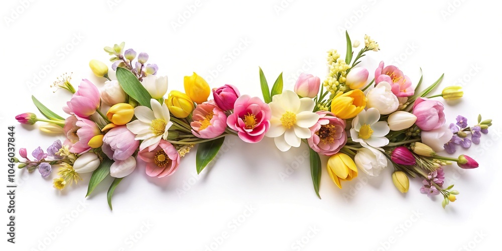 Spring flowers ornament on a white background, shot with a wide-angle lens Spring flowers ornament on a white background, shot with a wide-angle lens
