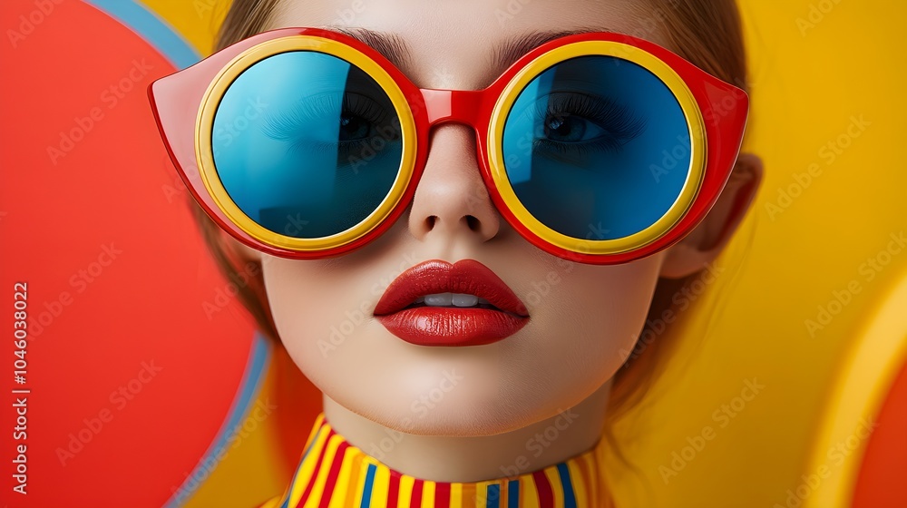 Retro pop art close-up of a woman in large, colorful sunglasses, bold geometric patterns, vibrant yellows and reds, modern twist, Overhead angle, Bright tones Retro pop art close-up of a woman in large, colorful sunglasses, bold geometric patterns, vibrant yellows and reds, modern twist, Overhead angle, Bright tones