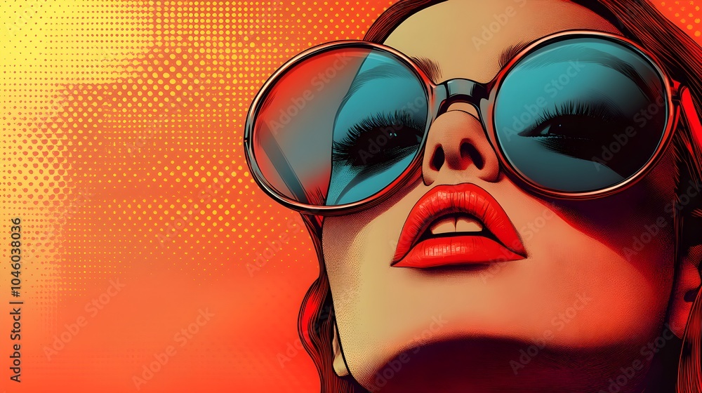 Retro pop art of a woman wearing oversized sunglasses, intense bold color palette, sharp contrast, comic-style halftone texture, and dynamic composition Retro pop art of a woman wearing oversized sunglasses, intense bold color palette, sharp contrast, comic-style halftone texture, and dynamic composition