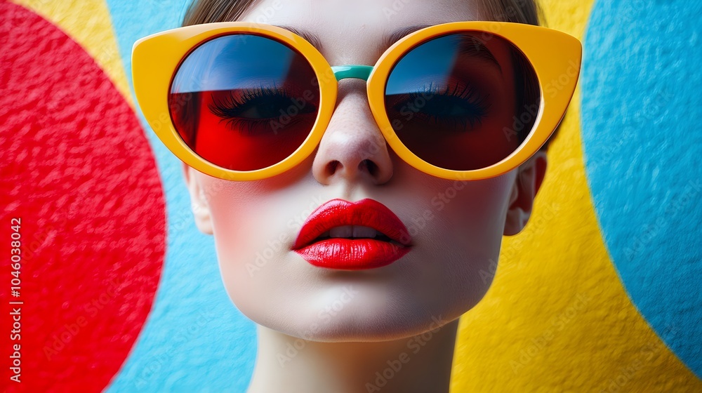 Retro pop art close-up of a woman in large, colorful sunglasses, bold geometric patterns, vibrant yellows and reds, modern twist, Overhead angle, Bright tones Retro pop art close-up of a woman in large, colorful sunglasses, bold geometric patterns, vibrant yellows and reds, modern twist, Overhead angle, Bright tones