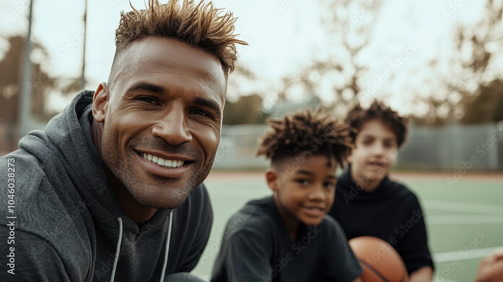 A joyful father and sons with a basketball on an outdoor court, capturing the essence of family, fun, and bonding in a sports setting on a sunny day. A joyful father and sons with a basketball on an outdoor court, capturing the essence of family, fun, and bonding in a sports setting on a sunny day.